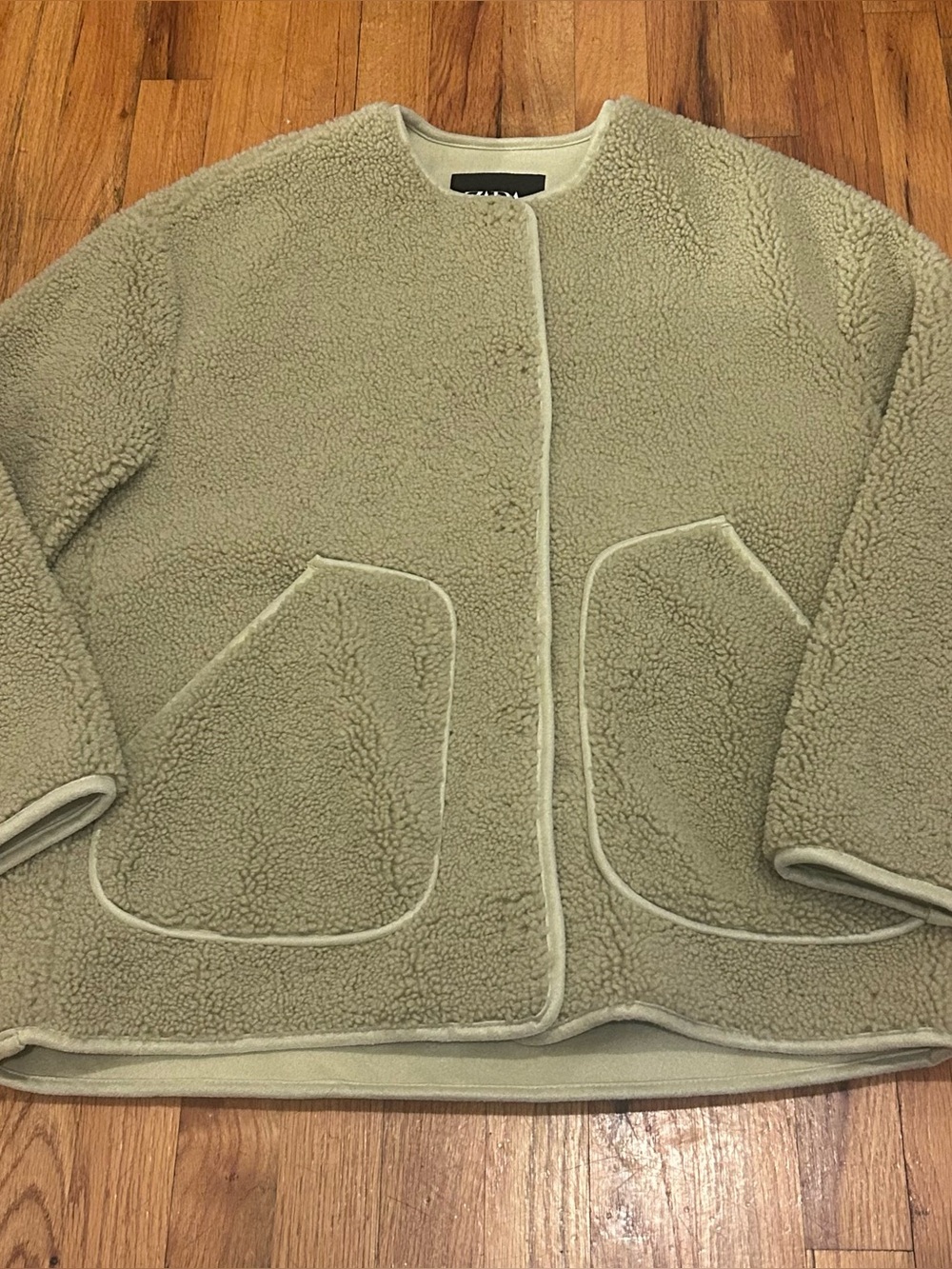 Zara Olive Green Teddy Jacket - Boxy Sherpa Coat